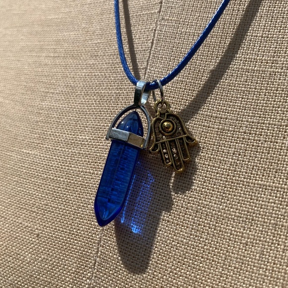 Handmade Cobalt Blue Resin Crystal Amulet Necklace & Hamsa Hand Charm - Picture 2 of 11